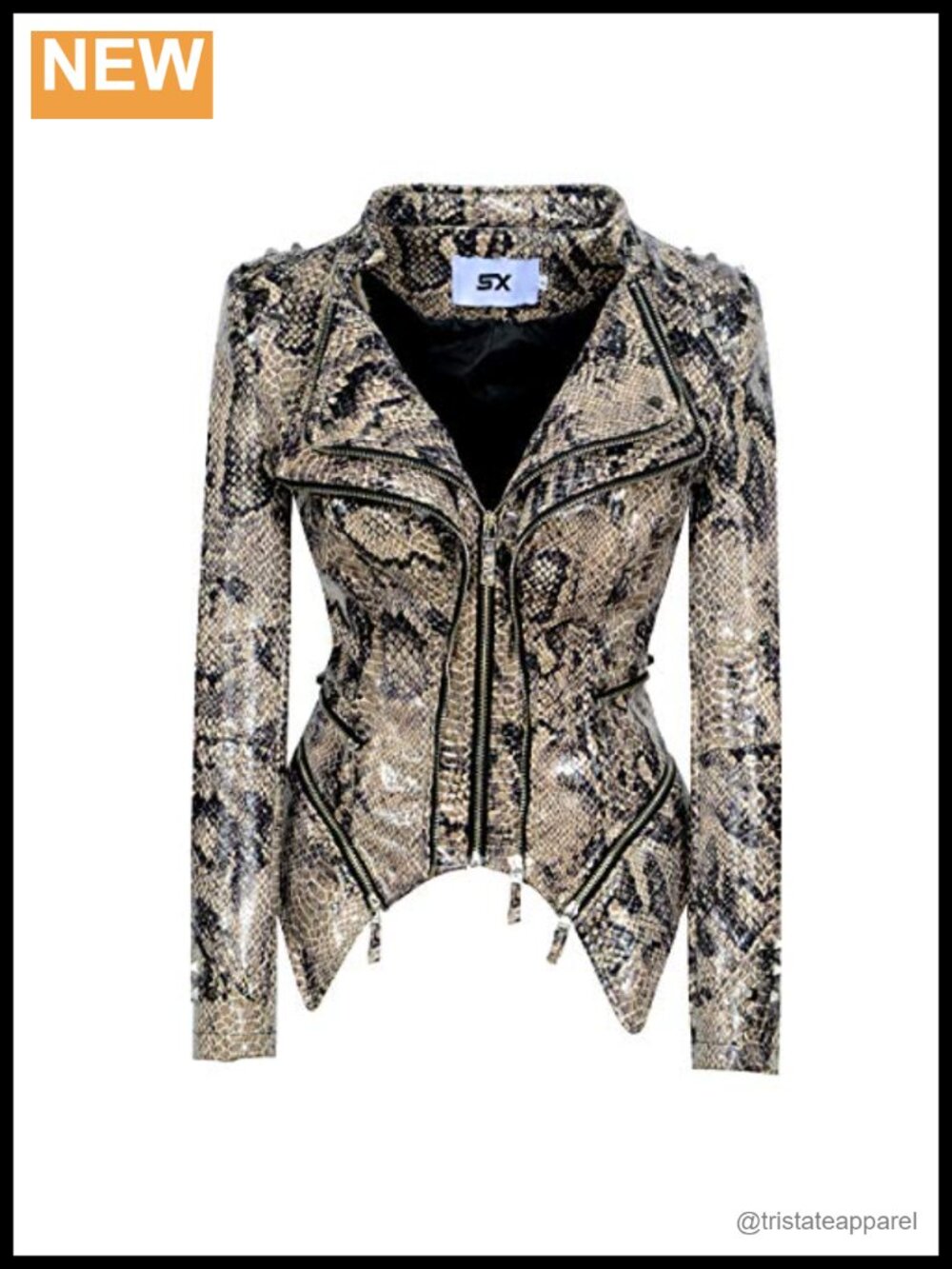 Faux Leather Serpentine Printed Moto Jacket Slim Fit Zipper PU